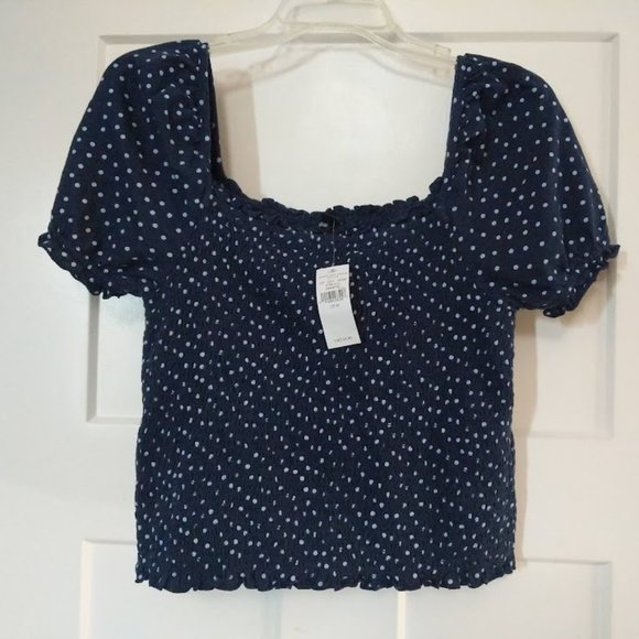 [M] Smocked Polka Dot Puffy Sleeved Crop Top - Picture 1 of 4